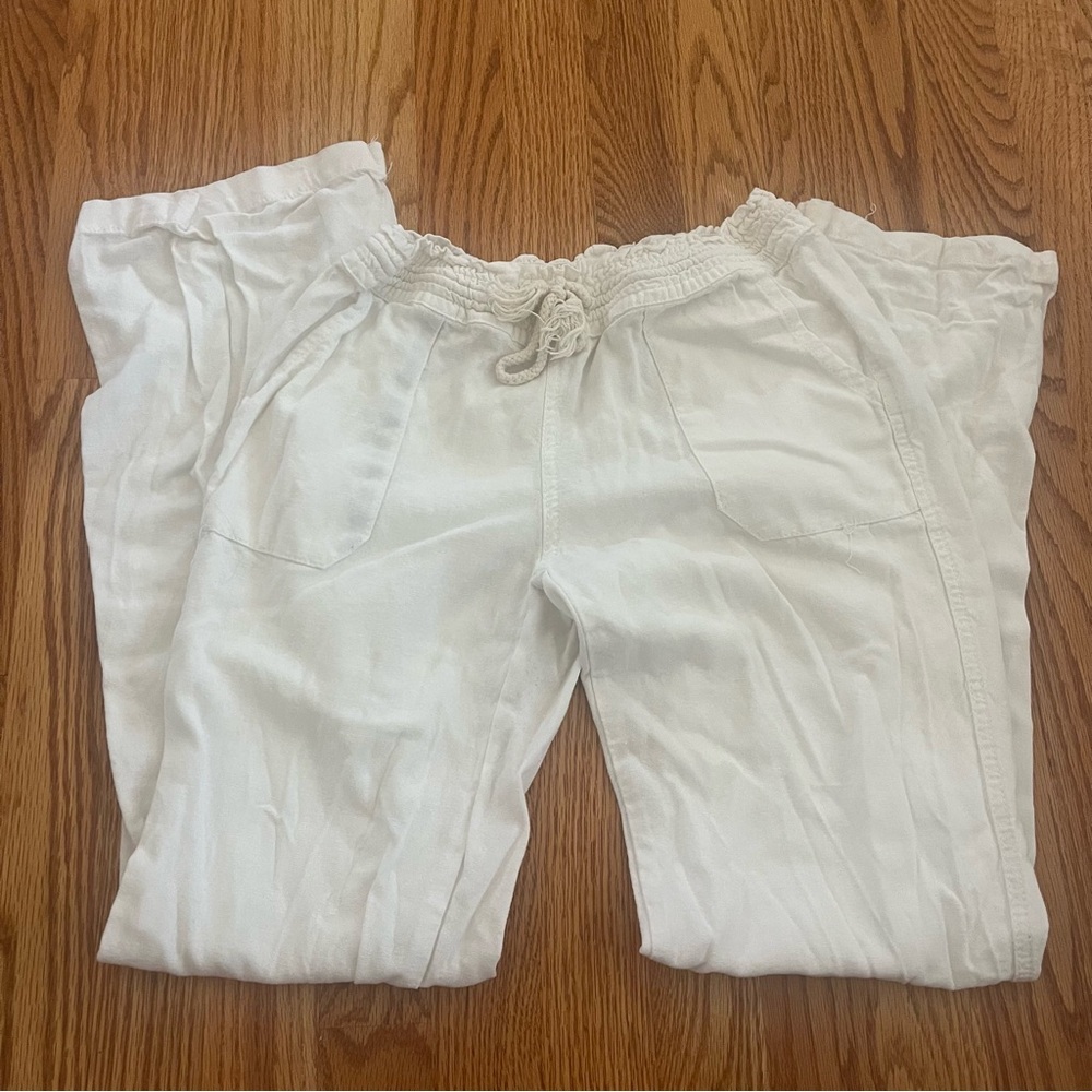 White Straight Leg Linen Pants with Rope Tie